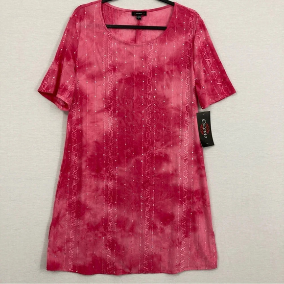 New Cocomo Pink Sequins Stretch Round Neck Short Sleeve Casual Dress Large - Picture 1 of 8